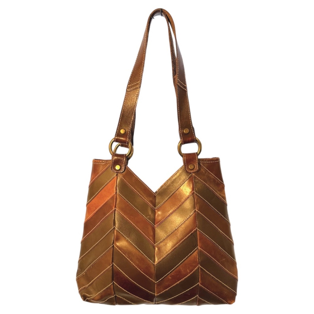 Lucky Brand Patchwork Leather Shoulder Bag Brown Chevron Boho Hobo